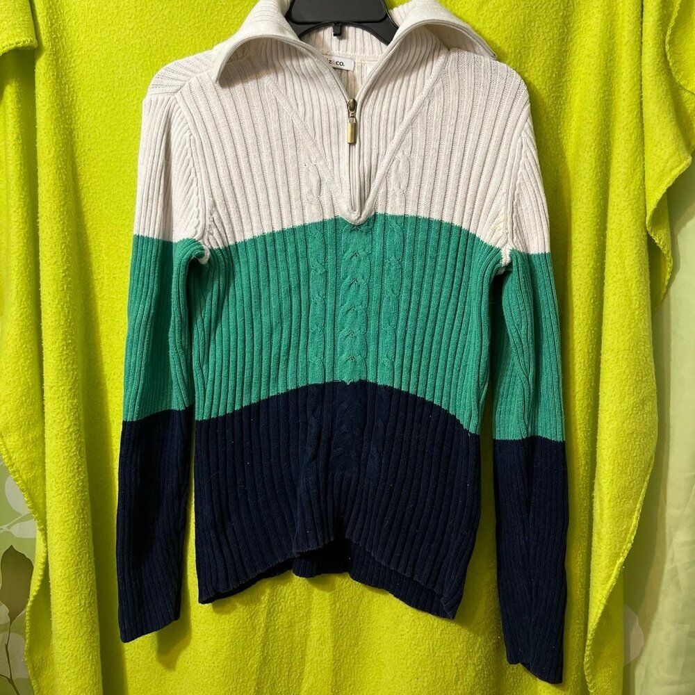 Liz & Co Stripe Colorblock Quarter Zip Collared Sweater S Cotton
